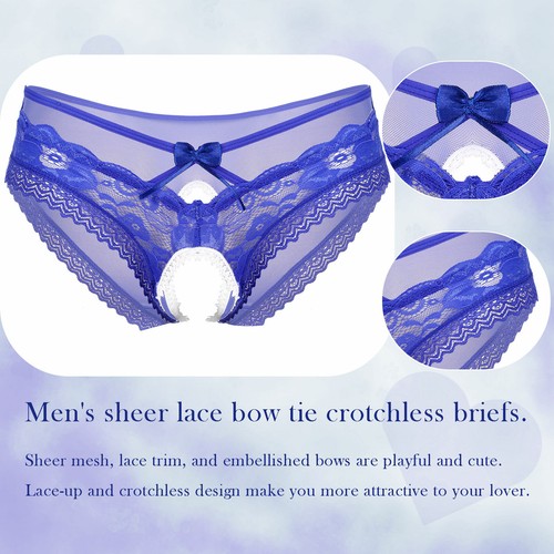 Men's Sheer Lace Briefs Low Waist Pouch Underwear Open Crotch Crossdress Panties - Picture 68 of 80