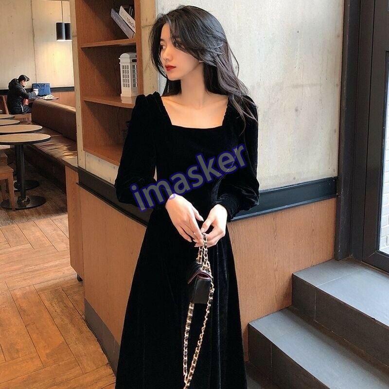 Womens Elegant Retro Square Collar Mid Length Long Sleeves Velvet Slim Fit Dress