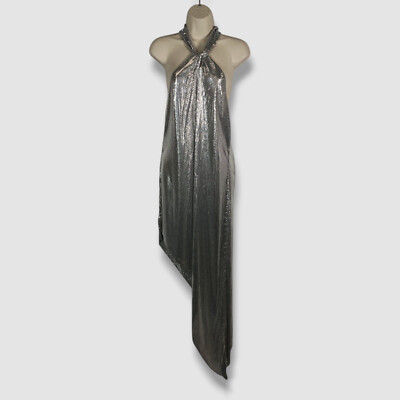 Paco Rabanne Women's Sliver Metallic Halter Asymmetric Shift Dress Size 36