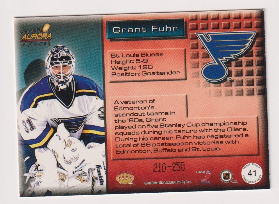 1998-99 (azul) Aurora Championship Fever Silver #41 Grant Fuhr 210/250 Foto 2 de 2