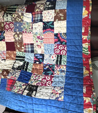 Vintage Quilt Patchwork Squares Jewel Tone Blue Red Hand Stitched Needs Repair