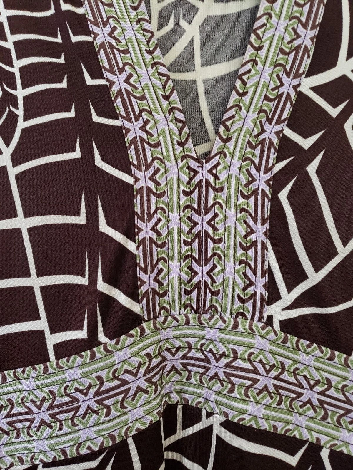 Abito Tory Burch marrone astratto stampa foglia di banana V quarto impero guaina di seta M