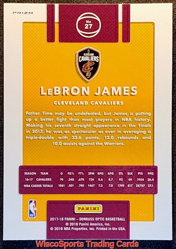 2017-18 LeBron James Panini Donruss Optic SILVER PRIZM #27 Cleveland Cavaliers - Bild 7 von 10