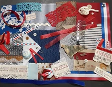 Slow Stitch Kit Junk Journal Patriotic Fabric Lace Ribbon Red White Blue USA O