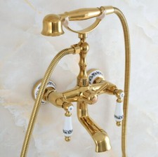 Gold Color Brass Wall Mount Clawfoot Bathroom Tub Faucet Hand Shower Mixer Tap