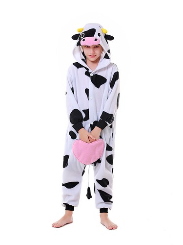 Kids Cow One-piece Pajamas Unisex Hooded Halloween Farm Animl Cosplay Costumes - Picture 25 of 40