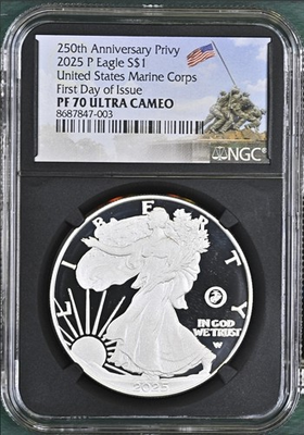 #ad #ad 2025 P Silver Eagle US Marine Corp 250th Privy NGC PF70 First Day Issue FDI % $589.99