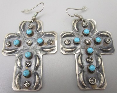 BEAUTIFUL LARGE TIM YAZZIE NAVAJO STERLING SILVER TURQUOISE 2'' CROSS EARRINGS