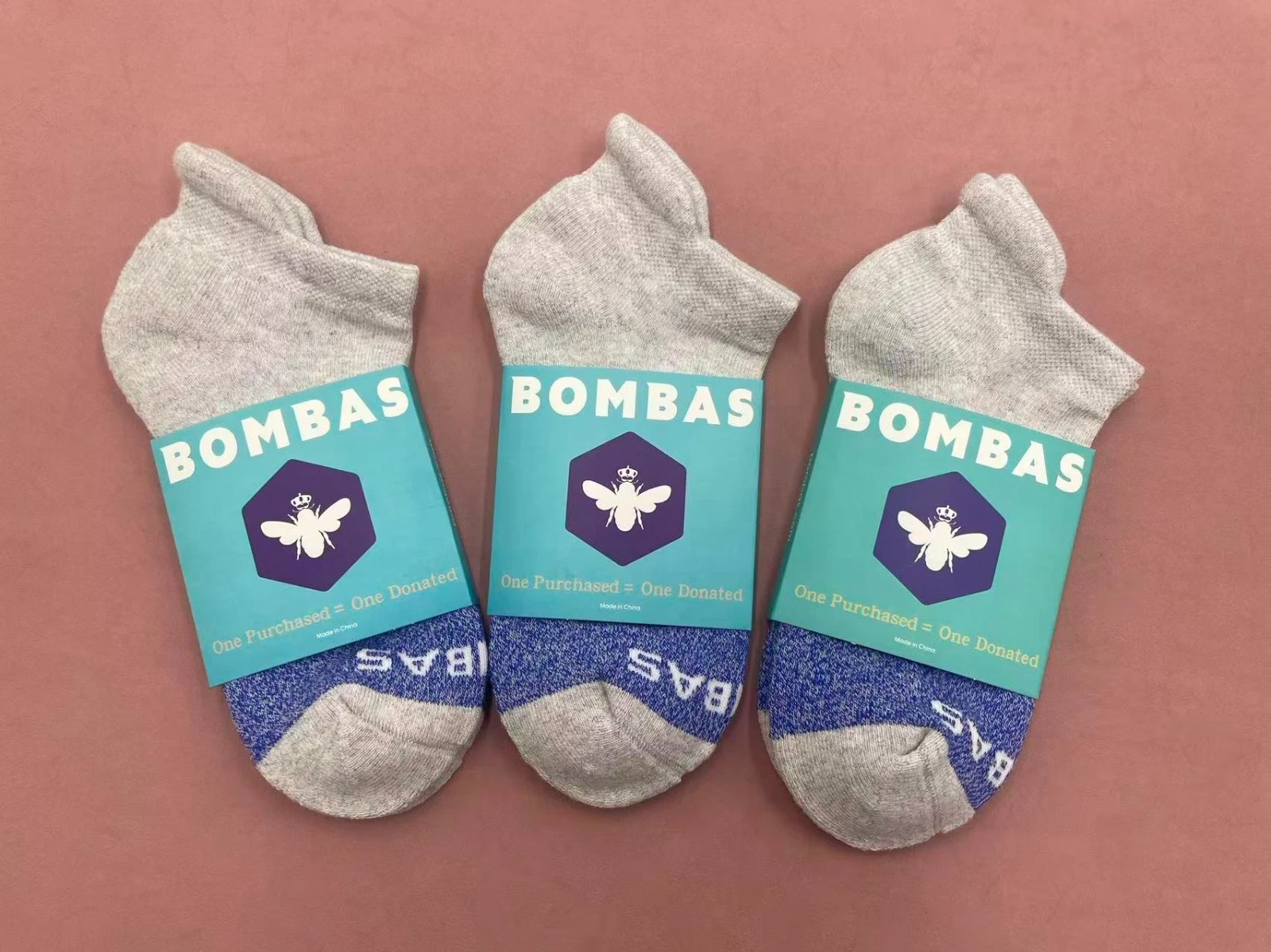 3 pairs BOMBAS Women's Tri-Block Marl Ankle Socks Medium 8-10.5 Gray blue
