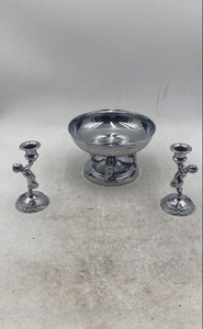 Silver Plated Bowl And Cherub Figural Decorative Candlestick Holders Lot Of 3