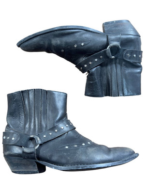 Vintage Omino Black Leather Harness Ankle Studed Boots O Ring Western Rockstar