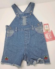 Vintage NOS 90s Y2K Lee 24 Mo. Girls Bib Shortalls Denim Jean Cherry Appliques