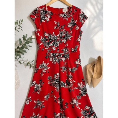 ECI New York Floral Midi Dress Womens 12 Red Rose Print Fit Flare Party