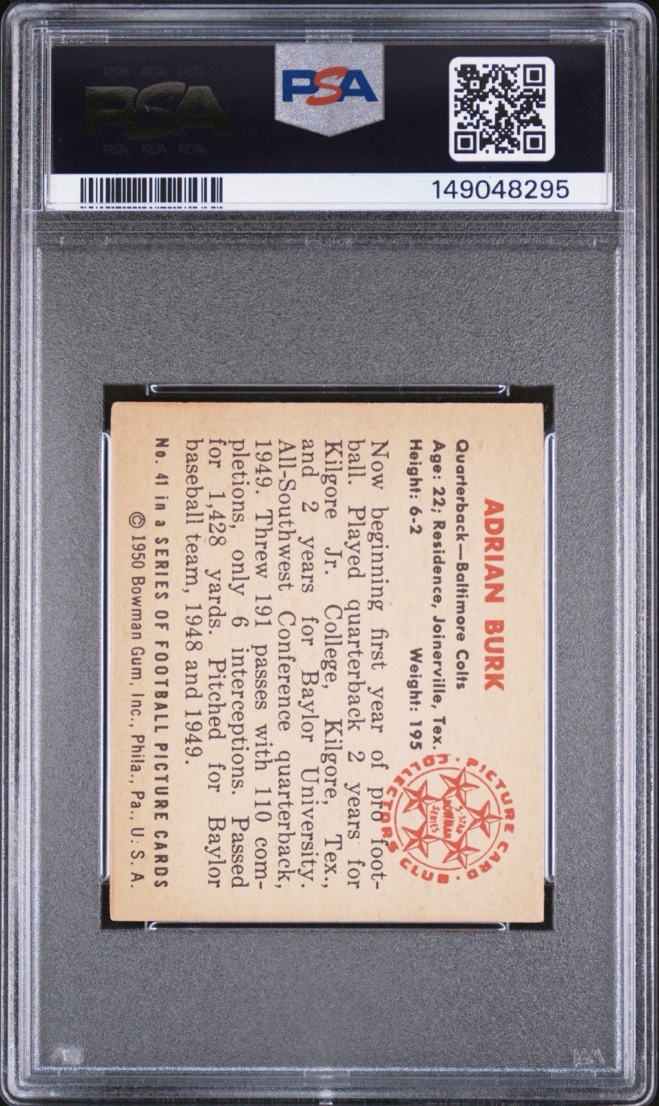 1950 Bowman #41 Adrian Burk Baltimore Colts Classic Era PSA 4.5 VG-EX+ POP 2! view 2