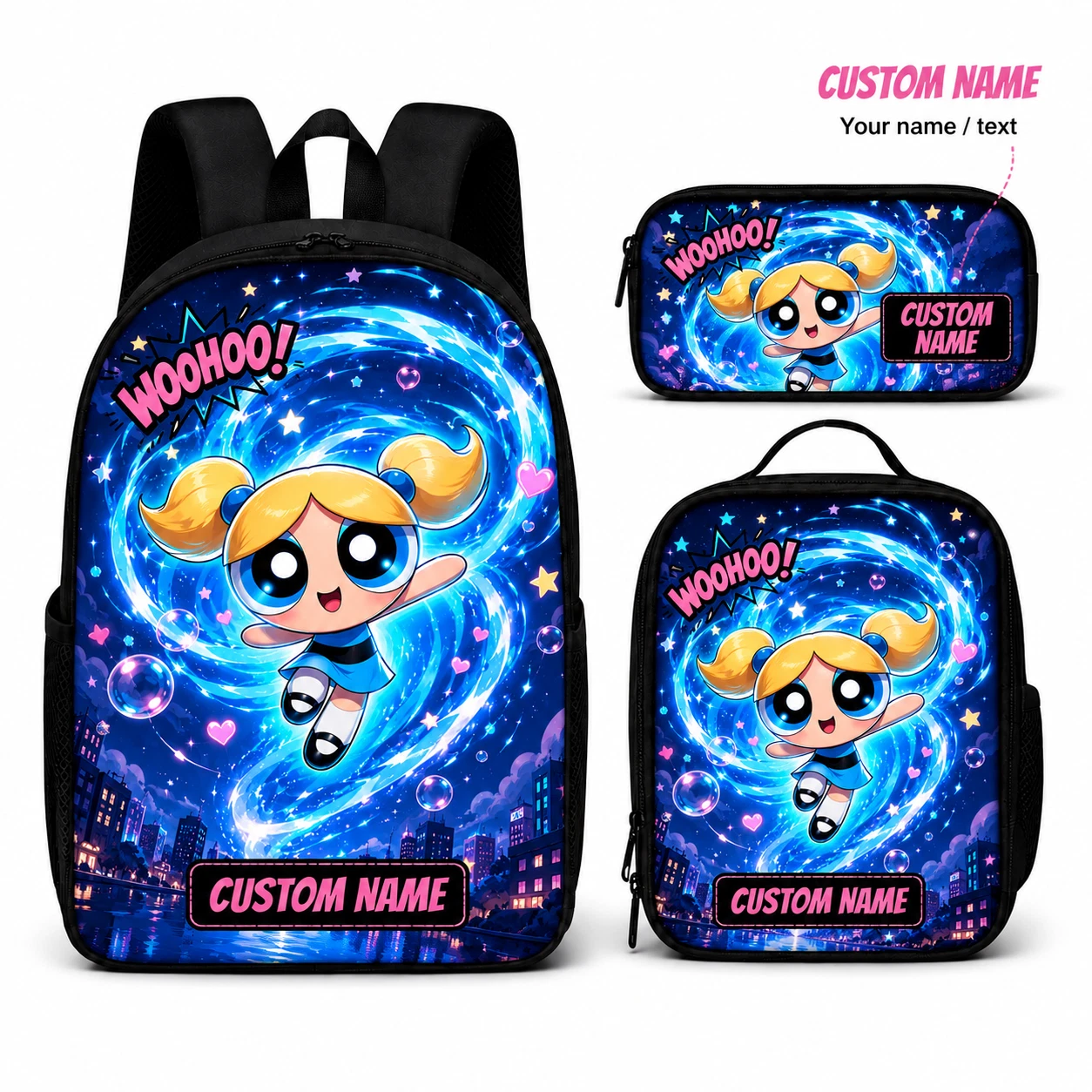 Personalized Blue Power Girl 3-Piece Backpack Set: Backpack, Lunch Bag, Pencil Case