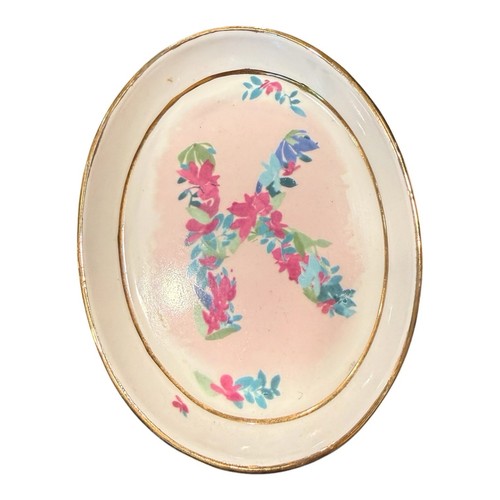 Anthropologie Floral Monogram Trinket Dish Letter K Oval Ceramic