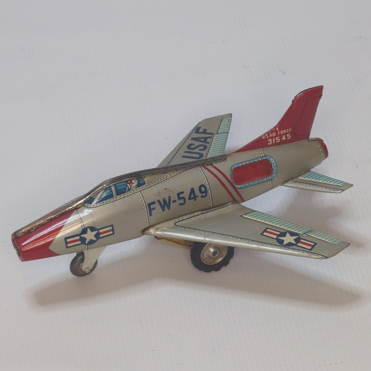Vintage Tin Litho USAF F-100 Jet Toy 1950s Wind-Up Airplane 6" Japan Style