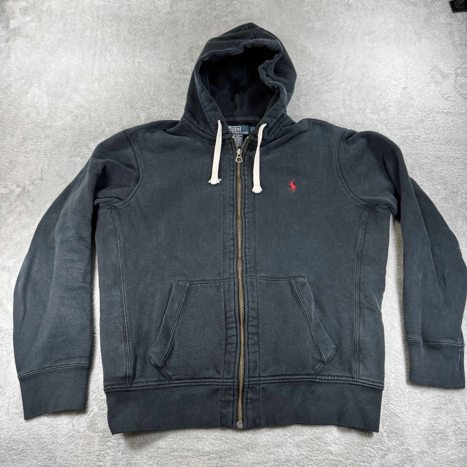 Vintage Polo Ralph Lauren Men's Hoodie Thermal Waffle Hood Black Red Pony Size L