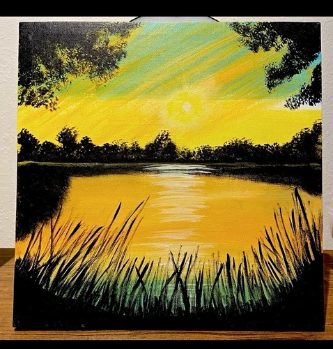 Sunset Lake Landscape Impressionist Painting Unframed Single Piece