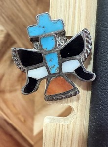 Zuni Signed Rex Sterling Silver Lapel Pin Multi-stones