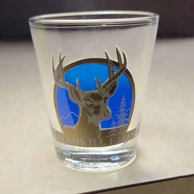 Bushkill Falls Deer Painted Shot Glass Clear Blue Gold Decorated Souvenir