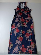 SHEIN Dress Womens L Blue Floral Maxi Halter Bodycon Stretch Jersey Sleeveless