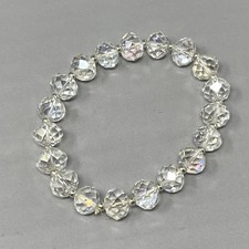 Clear Glass Bead Bracelet Faceted Stretch Elastic Classic Silver Tone 6.25"