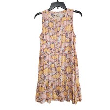 LOFT Pink Yellow Floral Paisley Sleeveless Tiered Ruffle Mini Dress Small Boho