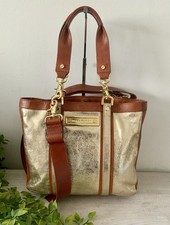 TORY BURCH METALLIC GOLD COGNAC LEATHER EXPANDABLE TOTE CROSSBODY BAG