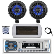 Pyle Bluetooth Marine Receiver, Cover, Antenna,Wire, 2x 4" 150W Black Speakers
