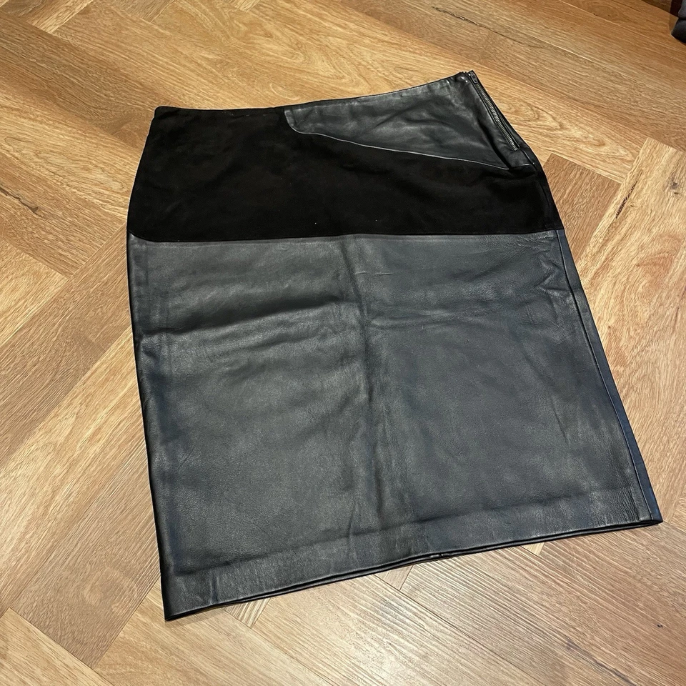 Vintage Black Leather & Suede Pencil Knee Skirt Size UK 16-18 36” Waist Genuine - Image 3 of 4
