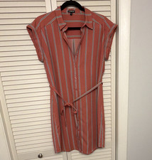 Express Women's M Pink Striped Shirt Dress Button Front Belted Short Sleeve