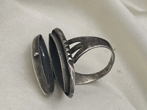 Hallmarked Sterling Silver Marquise locket~ Poison Ring N1/2 vintage or antique