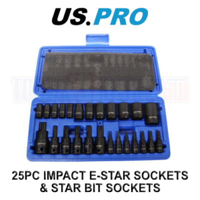 US PRO 25pc 1/4 3/8 1/2  DR Impact E-Star Sockets & Star Bit Sockets Torx M&F