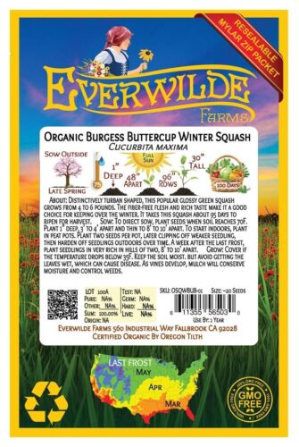 20 Organic Buttercrop Burgess Winter Squash Seeds - Everwilde Farms Mylar Packet - Picture 2 of 3