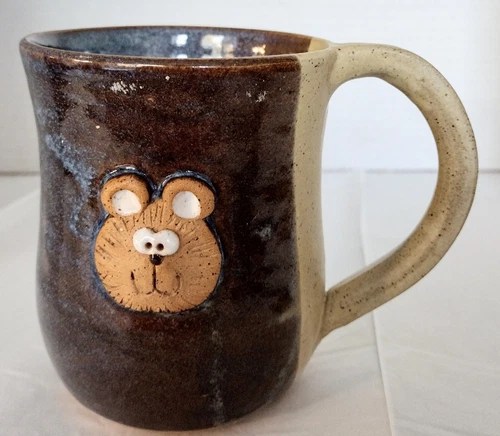 Vintage Studio Art Pottery 3D Teddy Bear Stoneware Mug Cup Handmade Stamp 12 0z