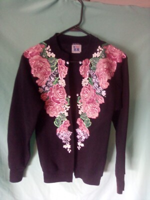Sweat Shirt Jacket, Handcrafted Floral Paint Print, Beads, Size Small