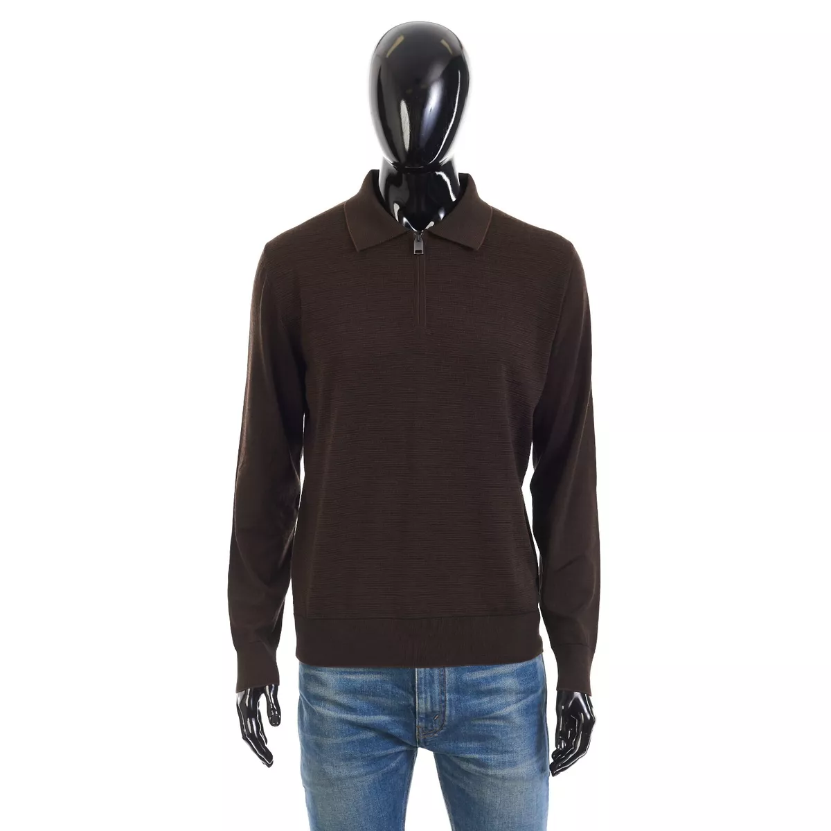 BRIONI 1150$ Polo Sweater With 1/4 Metal Zip In Brown Wool | eBay