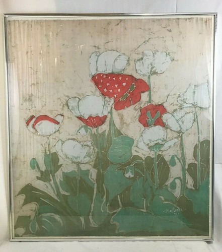 Hermoso original. "Flores de amapola Nelson 1972 firmadas impresas en seda cruda 25"" x 23"