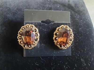 Vintage signed Ciner gold tone & smoke rhinestone clip on earrings 