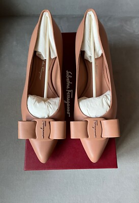 Authentic Salvatore Ferragamo Beige Blush Viva Varina Bow Flats