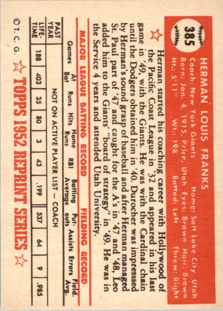 1983 TOPPS 1952 REPRINT SERIES 385 HERMAN FRANKS NEW YORK GIANTS eBay