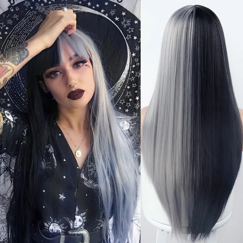 Long Silky Straight Wig with Bangs Half Black Half Gray  display picture 2