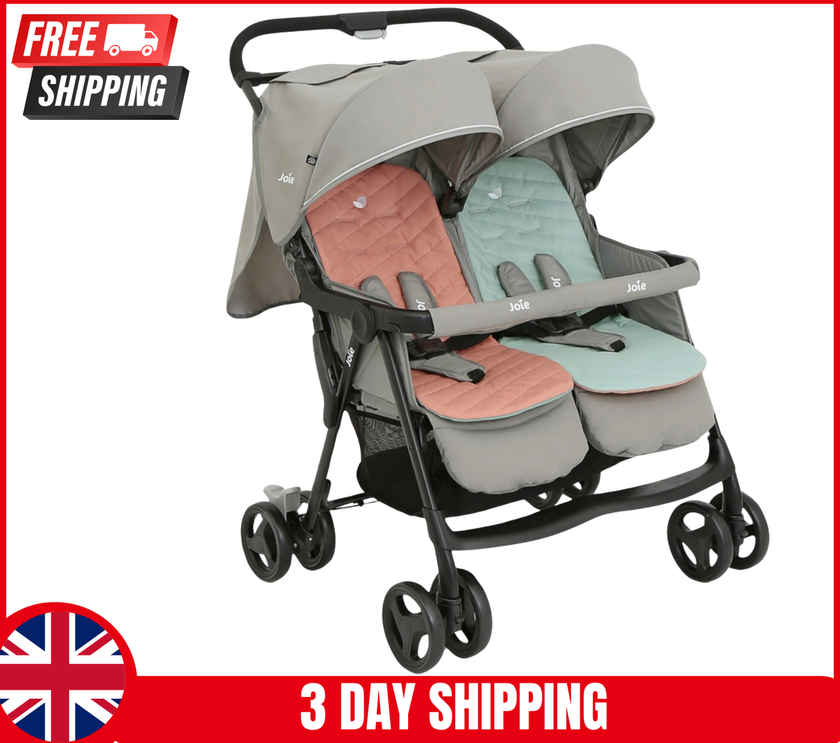 Double Pram Joie Aire Twin Stroller Baby Pushchair Buggy Foldable