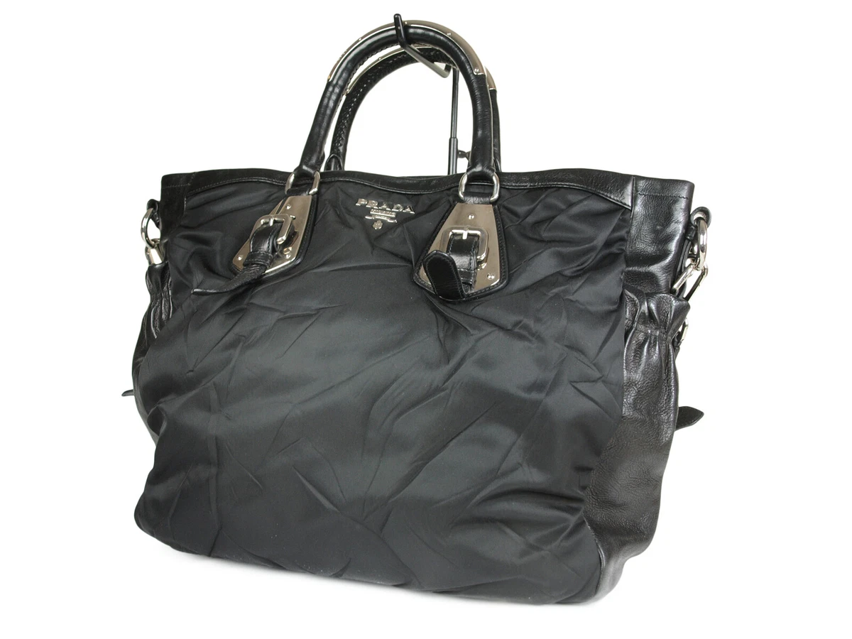 PRADA Nylon Canvas Leather Black Hand Bag Come with Leather Strap