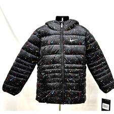 NWT Nike Girls Black Multi/ Swoosh Pattern Hooded Zip-Up Coat Sz 6