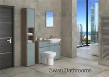 DRIFTWOOD / METALLIC BLUE GLOSS BATHROOM FITTED FURNITURE WITH TALL UNIT 1500MM