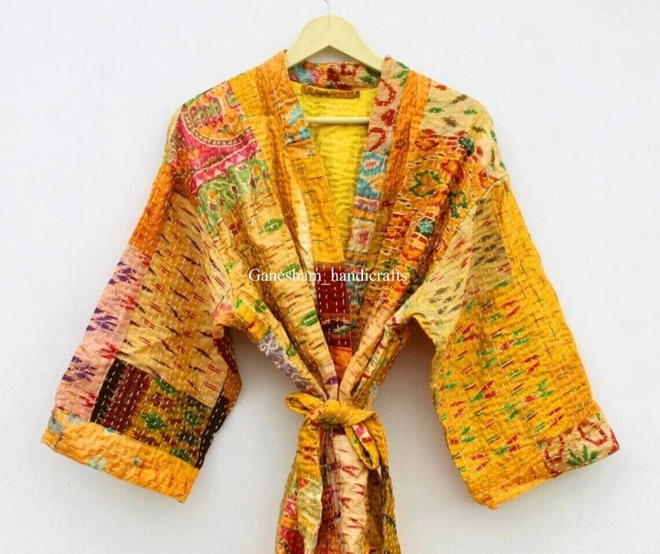 Silk patchwork handmade kantha jacket japanese kimono style kantha robe winter - Image 3 of 4
