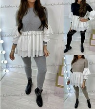 Womens Ladies Rib Frill Puff Sleeve Top Knitted Loungewear Tracksuit Trouser Set