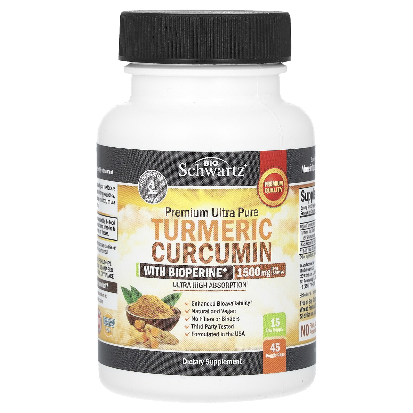 Premium Ultra Pure Turmeric Curcumin With BioPerine, 1,500 mg, 45
